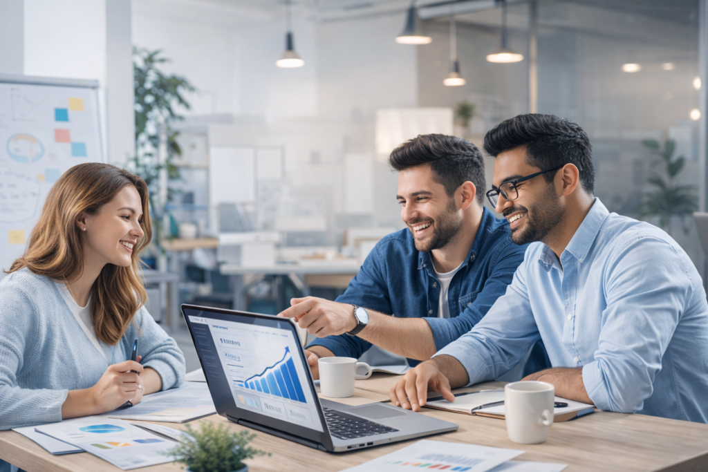 Team discussing business growth strategy while reviewing analytics on a laptop in a modern office