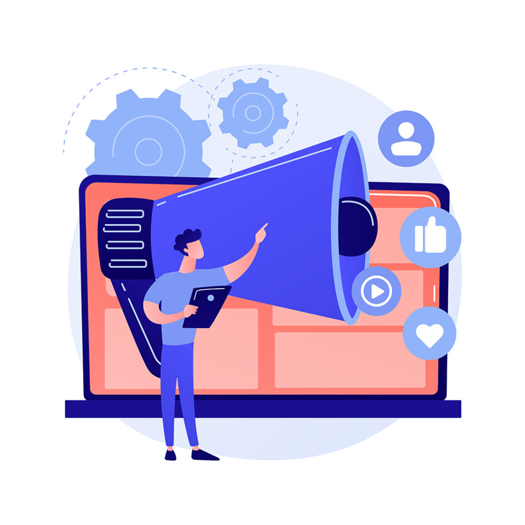 Digital marketing illustration showing online promotion, social engagement, and brand visibility strategies