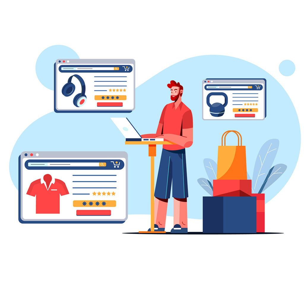 E-commerce support illustration showing online store management and product selling platforms