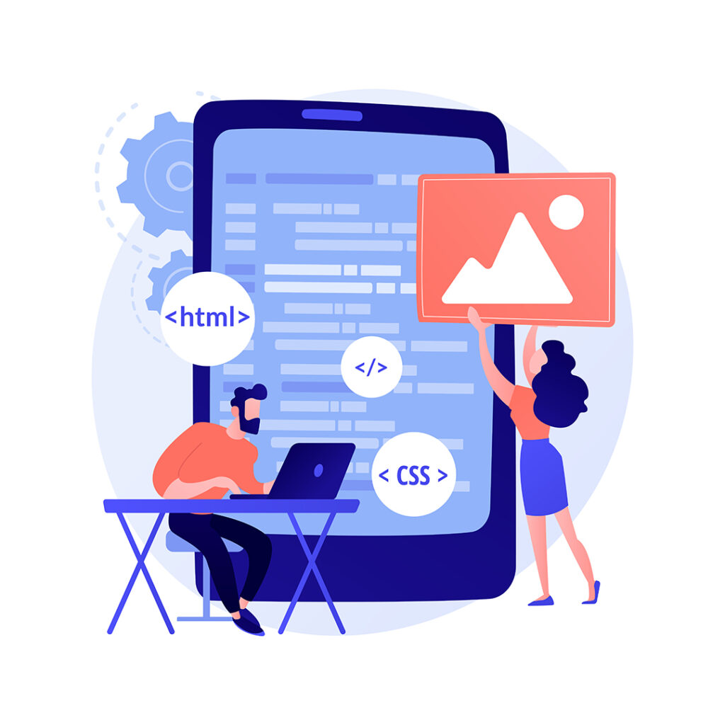 Web and app development illustration showing modern website design and coding process