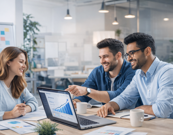 Team discussing business growth strategy while reviewing analytics on a laptop in a modern office